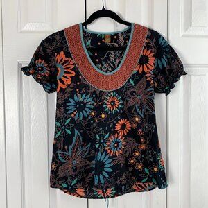Copper Key Black Floral Cropped Blouse